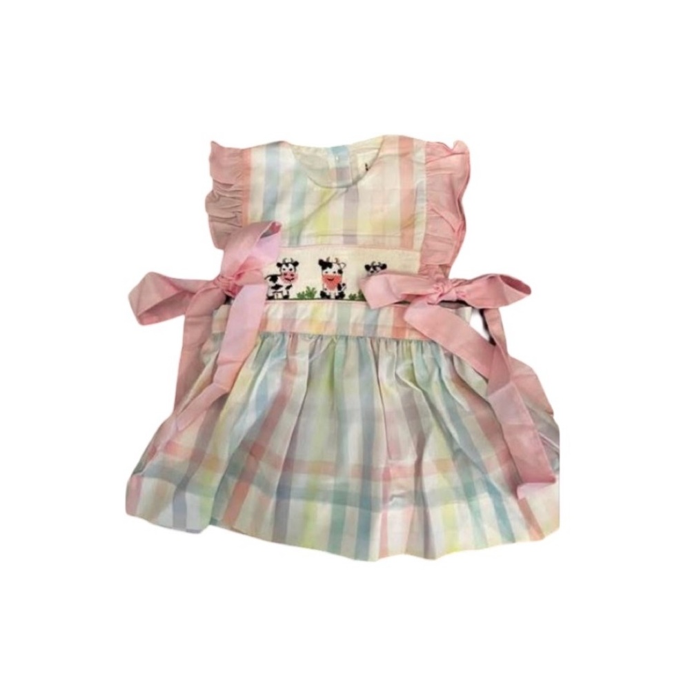 Pastel Plaid Baby Hand Smocked Cow Dress with Pink Bows